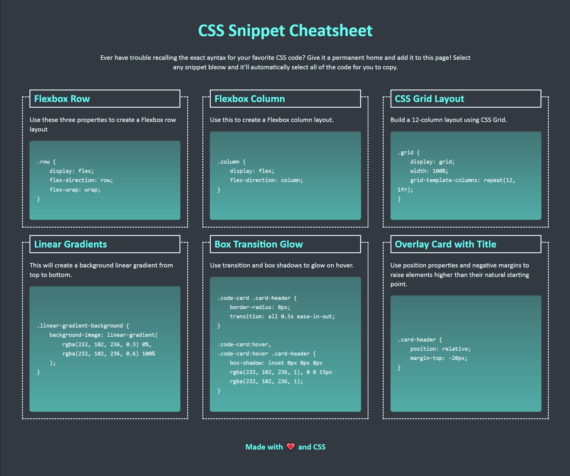 Screenshot of CSS Snippet Cheatsheet