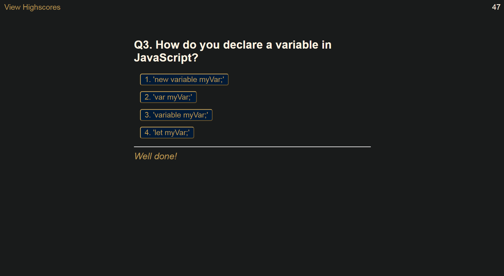 Screenshot of Timed Quiz